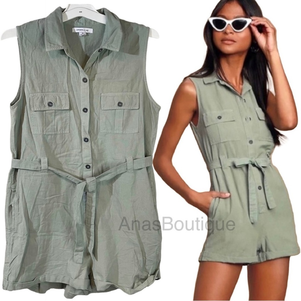 O’Neill woven linen romper with pockets and front buttons women Size Medium